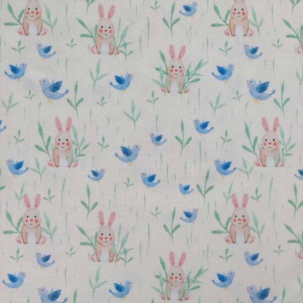 Jerseystoff Hasen Vögel Sträucher, jeansblau cremeweiß