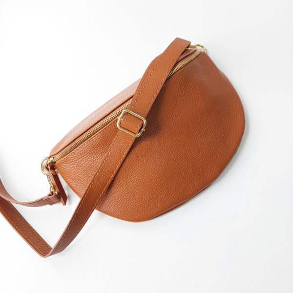 Bauchtasche Leder mit Lederriemen - cognac braun -gold Schnallen-Made in Italy
