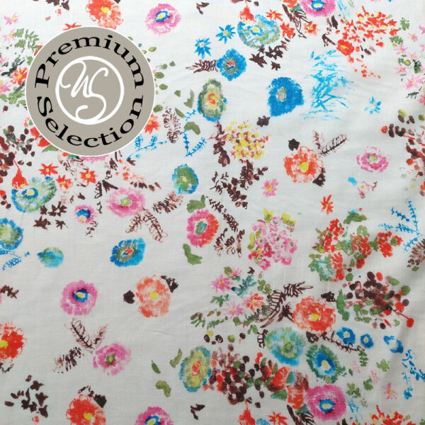 Baumwollstoff Batist Blumen Giardino Acquerello - orange blau ecrue -Made in Italy